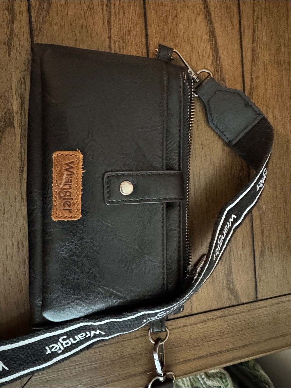 Wrangler Black Leather Crossbody Wristlet with Branded Strap